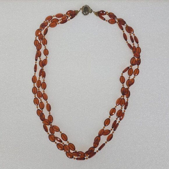 Vintage Faceted Cognac Brown Orange Acrylic Bead Triple Strand Necklace 28" Long - Picture 6 of 11